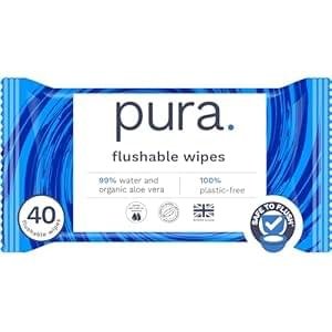 Pura Adult XL Flushable Unscented Wipes, 1 Pack of 40 Toilet Wipes Adult Wet Wipes, 99% Water & Aloe Vera, Personal Cleansing Wipes, Sensitive Skin