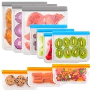 FUNFERY 10 Pack Silicone,Reusable Freezer Bags with Zipper,Leakproof Reusable Silicone Food Storage Bag for Meat,Lunch,Travel-3 Gallon,3 Snack 4 Sandwich Bags
