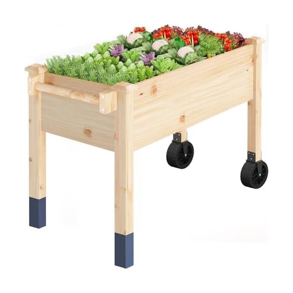 Wood Raised Garden Bed with Legs on Wheels, Elevated Raised Planter Box with Rolling Wheel Outdoor Standing Planters for Patio Herb Deck