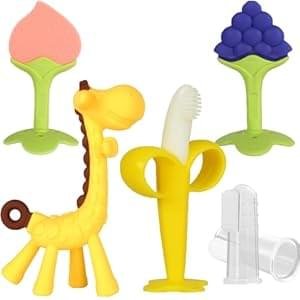 Baby Teething Toys 3-6 Months, Silicone Baby Teether Freezer BPA Free, Babies Teething Relief Sore Gums, Banana Finger Toothbrush, Fruit Shape Giraffe Teether for Infant Boys and Girls