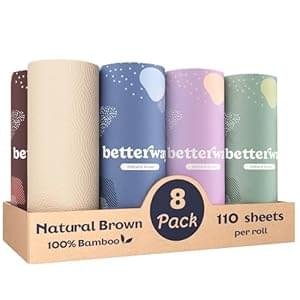 Betterway Bamboo Natural Brown Paper Towels – 8 Rolls, 2 Ply, 110 sheets – Plastic Free, Disposable Kitchen Paper Towels – Select Size, Tree Free, Compostable, Strong & Absorbent