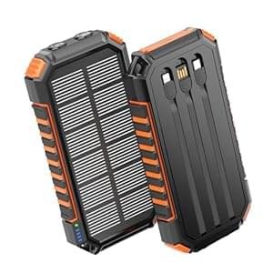 Hiluckey Solar Power Bank Portable Charger 27000mAh Built-in 3 Cables Solar Phone Charger – 15W PD QC 3.0 Fast Charging Outdoor Battery Pack for iPhone Android, Dual Flashlight (Orange)