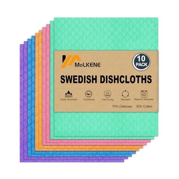 Swedish Dish Cloths – 10 Pack Reusable Kitchen Dishcloths – Ultra Absorbent Dish Towels for Washing Dishes – Cellulose Sponge Cloth Cleaning Rag – Assorted
