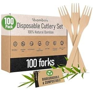 100% Bamboo Forks Set – High End Disposable Cutlery (100 Biodegradable Forks) | Reusable or Disposable Bamboo Utensils | Compostable FSC Certified Flatware for Weddings, Camping, Parties