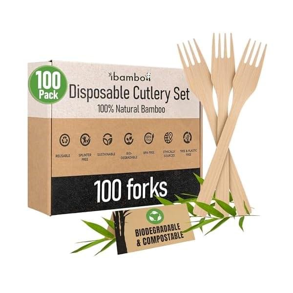 100% Bamboo Forks Set – High End Disposable Cutlery (100 Biodegradable Forks) | Reusable or Disposable Bamboo Utensils | Compostable FSC Certified Flatware for Weddings, Camping, Parties