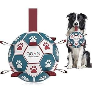 QDAN Dog Balls Toys, Soccer Ball with Straps, Puppy Birthday Gifts, Dog Water Toy, Durable Herding Balls for Small Medium Dogs, Interactive Toys for Tug of War (6 Inch)