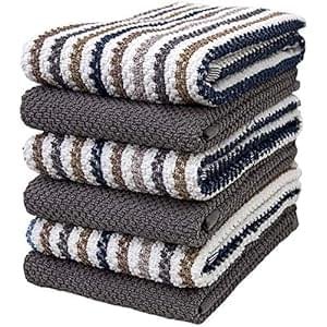 Premium Kitchen Towels (16”x 26”, 6 Pack) | Large Cotton Kitchen Hand Towels | Popcorn Striped Design | Dish Towels | 430 GSM Highly Absorbent Tea Towels Set with Hanging Loop | Gray